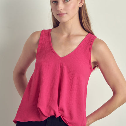 V-neck sleeveless knotted front hi-low top