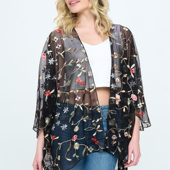 Floral Embroidered Mesh Oversized Kimono