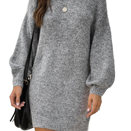 Mock Neck Lantern Sleeves Sweater Dress