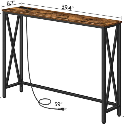 Rustic Brown Sofa Table With Power Outlet And USB Ports