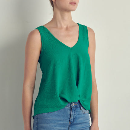 V-neck sleeveless knotted front hi-low top