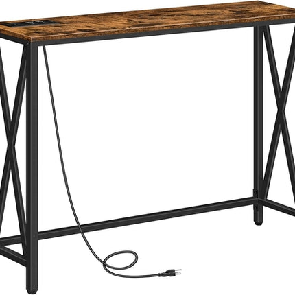 Rustic Brown Sofa Table With Power Outlet And USB Ports