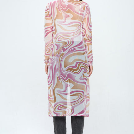 Women's Sheer Longline Cardigan with Retro Swirl Print