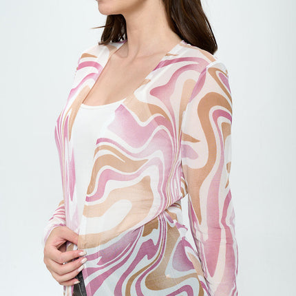 Women's Sheer Longline Cardigan with Retro Swirl Print