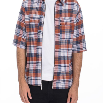 Mens Zip Up Flannel Short Sleeve Shirt S115