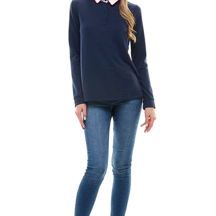 Women's Long Sleeve Polo Shirt with Contrast Collar