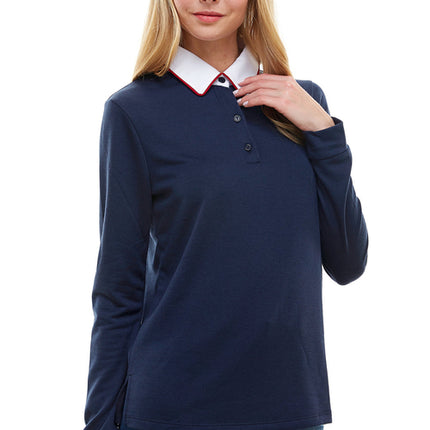 Women's Long Sleeve Polo Shirt with Contrast Collar