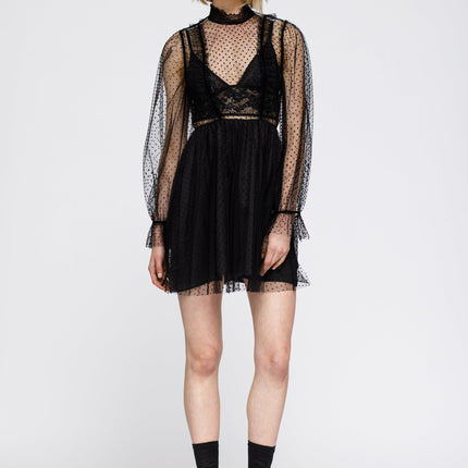 Women's Polka Dot Mesh Smocked Neck Flare Dress In Black