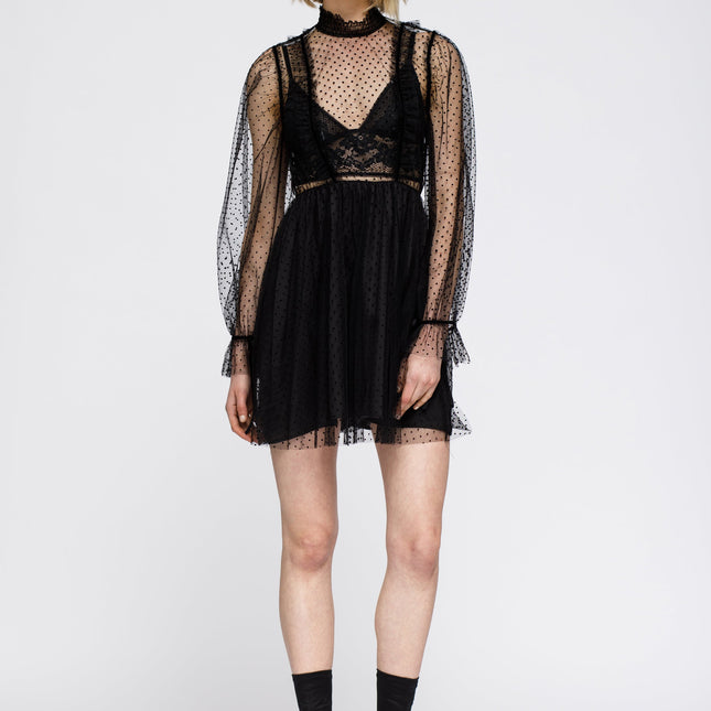 Women's Polka Dot Mesh Smocked Neck Flare Dress In Black