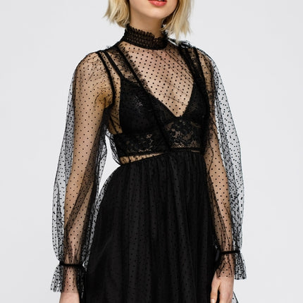 Women's Polka Dot Mesh Smocked Neck Flare Dress In Black