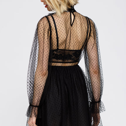 Women's Polka Dot Mesh Smocked Neck Flare Dress In Black
