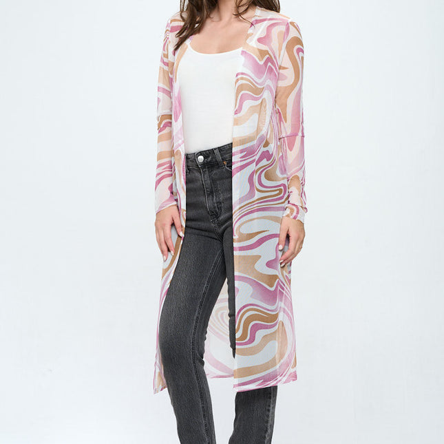 Women's Sheer Longline Cardigan with Retro Swirl Print