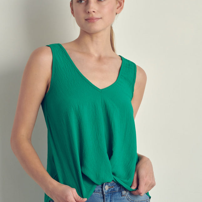 V-neck sleeveless knotted front hi-low top