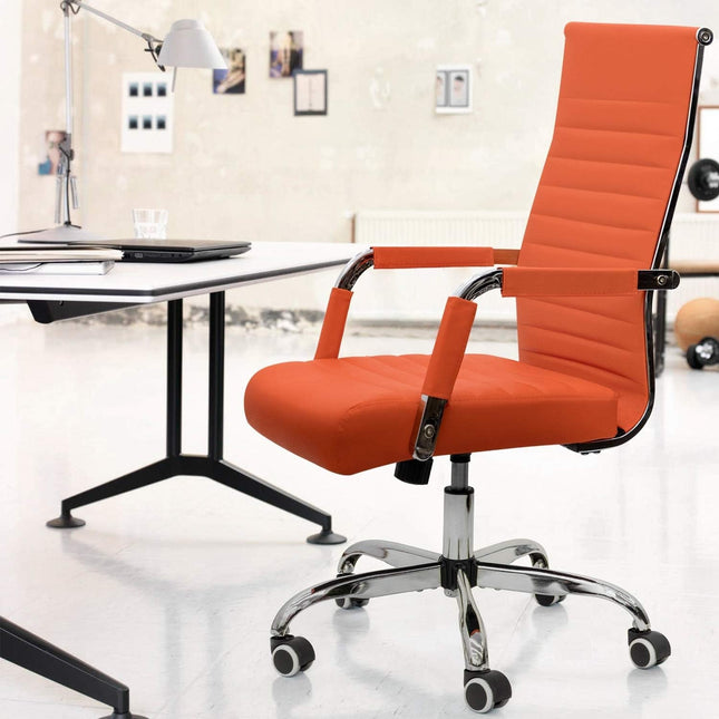 Orange Ribbed Leather Office Desk Chair Adjustable Height