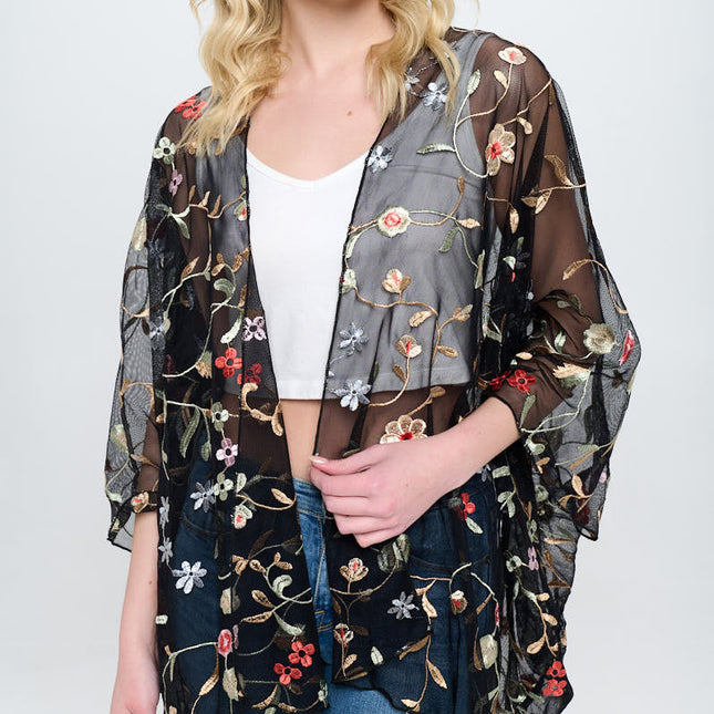 Floral Embroidered Mesh Oversized Kimono