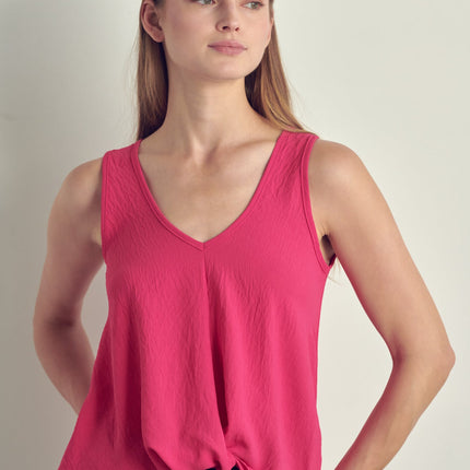V-neck sleeveless knotted front hi-low top