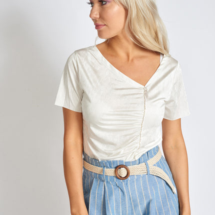 Crystal Zip Asymmetric V-Neck Viscose Top