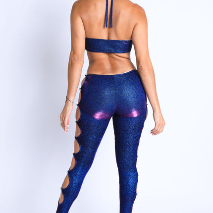 Glitter Cut-Out Halter Neck Keyhole Party Jumpsuit – Blue/Fuchsia