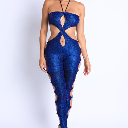 Glitter Cut-Out Halter Neck Keyhole Party Jumpsuit – Blue/Fuchsia