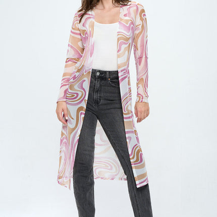 Women's Sheer Longline Cardigan with Retro Swirl Print