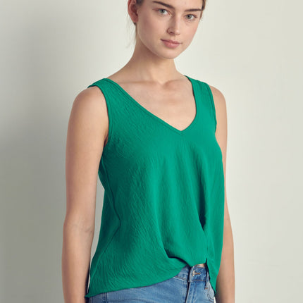 V-neck sleeveless knotted front hi-low top