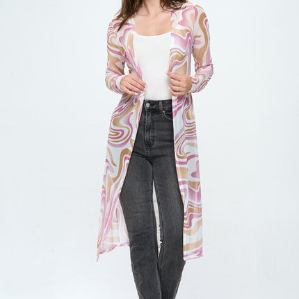 Women's Sheer Longline Cardigan with Retro Swirl Print